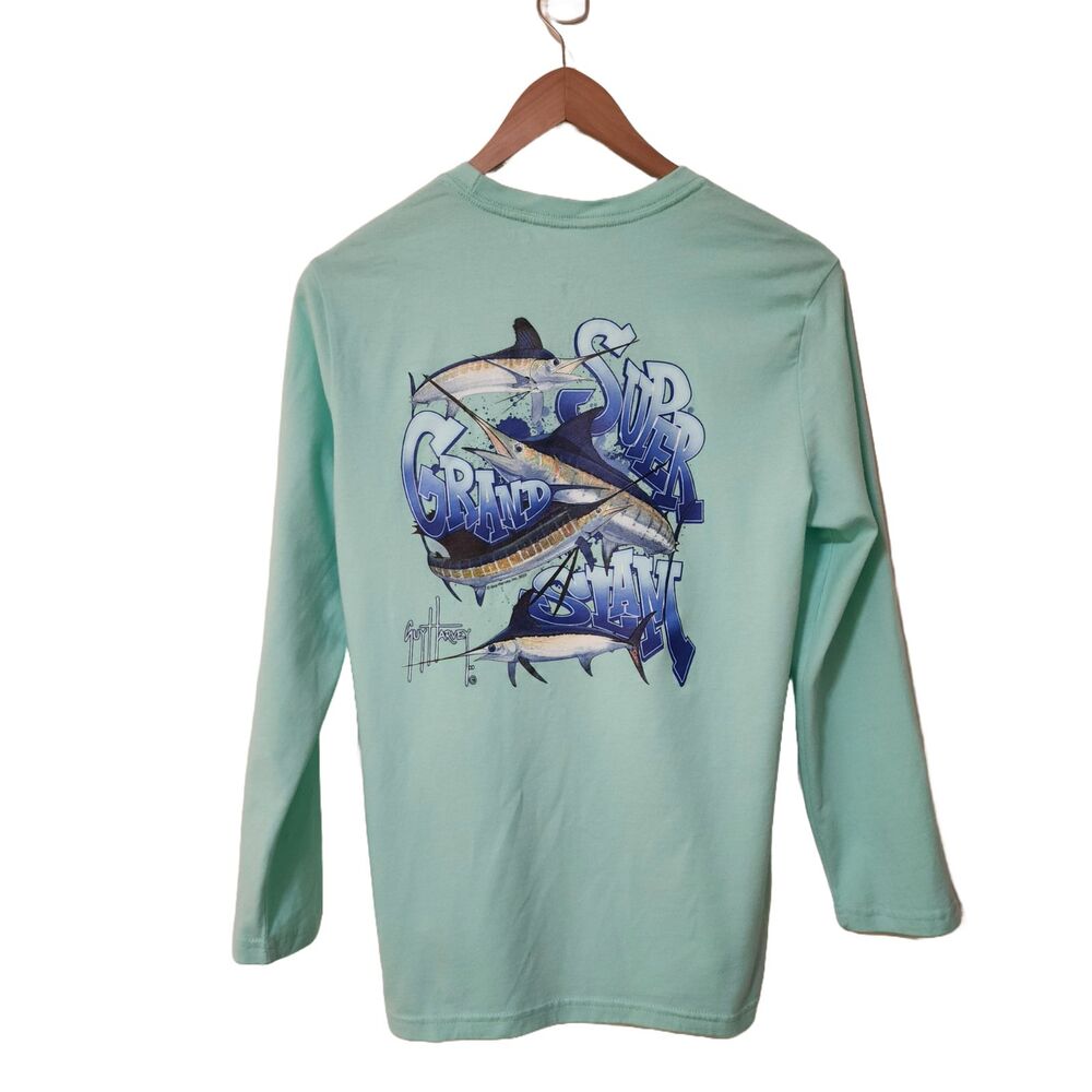 Guy Harvey Boys Four Bills Long Sleeve Graphic T-Shirt Tee Green Cotton XL EUC